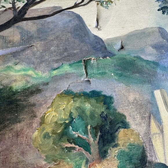 Antique Painting Damaged 36”x30” Portrait Of Courting Couple w Harp - Castle - Picture 4 of 9